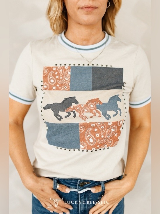 Lucky & Blessed Tops - Lucky & Blessed Beige Running Horse Printed Contrast Hem Short Sleeve Top